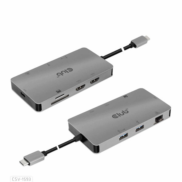 CSV1593 USB-C 3.2 Gen 1 8-in-1 Hub with 2X HDMI/2X USB/RJ45/SD/Micro SD Card Slots and USB-C Female Port Gray