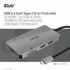 CSV1593 USB-C 3.2 Gen 1 8-in-1 Hub with 2X HDMI/2X USB/RJ45/SD/Micro SD Card Slots and USB-C Female Port Gray
