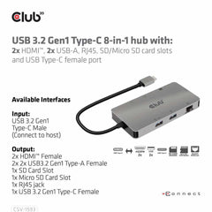 CSV1593 USB-C 3.2 Gen 1 8-in-1 Hub with 2X HDMI/2X USB/RJ45/SD/Micro SD Card Slots and USB-C Female Port Gray