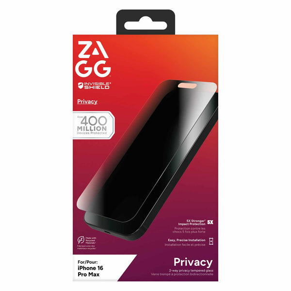 ZAGG InvisibleShield Glass Elite 2-Way Privacy Screen Protector for iPhone 16 Pro Max
