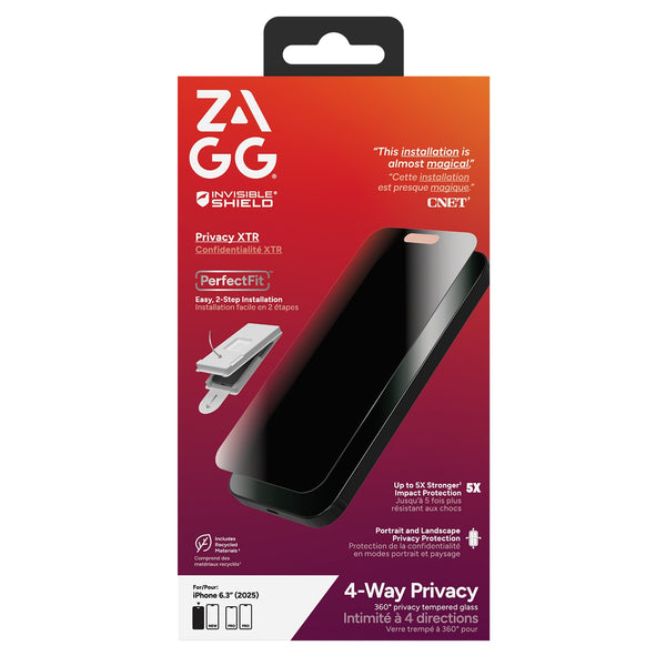 ZAGG InvisibleShield Glass XTR 4-Way Privacy Screen Protector for iPhone 17 Pro