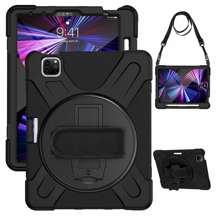 HYHDWAIR5SJPBKC Heavy Duty Case w/Kickstand/Built-in Screen Protector/Hand & Shoulder Strap iPad Pro 11 2022/2021/2020.2018/iPad Air 4 Black