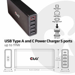 Club3D USB and USB-C Power Charger/5 Ports up to 111W USB-C Charging Cable Inclusive Black