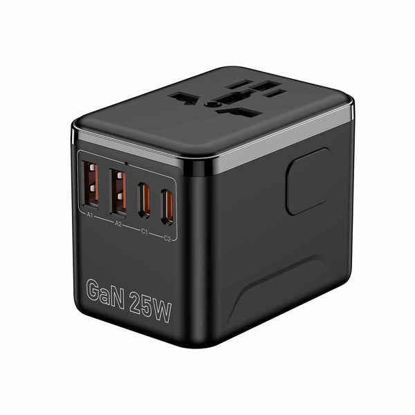 Bulk Packaging Universal International Travel Adapter 25W with 2 USB-A Ports/USB-C Ports & Nylon Pouch Black
