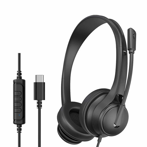Bulk Packaging Stereo Boom Wired Headphones with Mic and USB-C Connector Black in Bulk