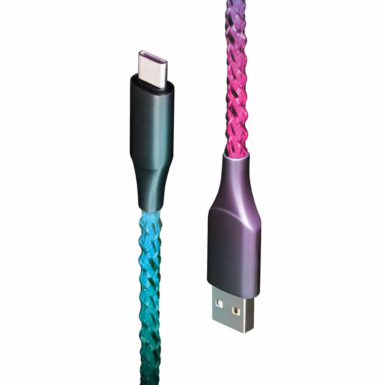 Helix/Retrak Lucid Charge LED USB-A to USB-C Cable 3.2ft  Multi-Color