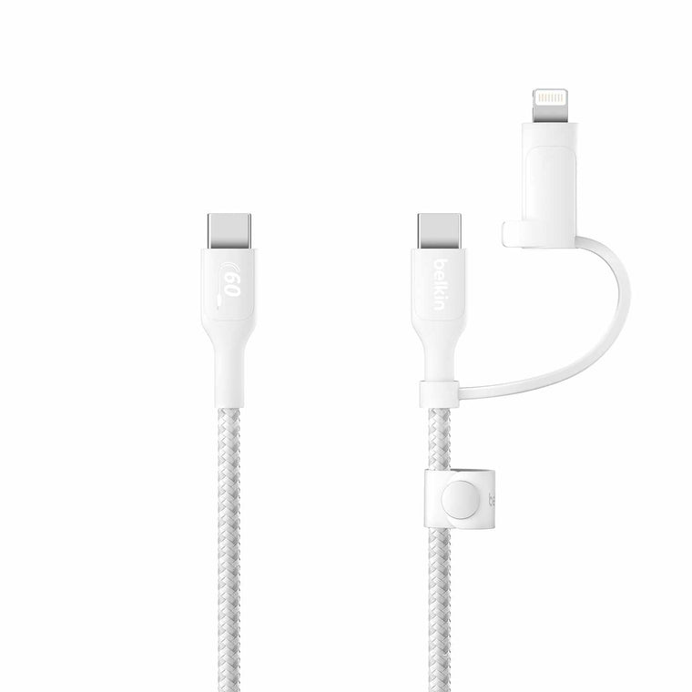 CAC003fq15MWH BoostCharge Pro 2-in-1 Braided Cable with USB-C and Lightning Connector 1.5 M (60W) White