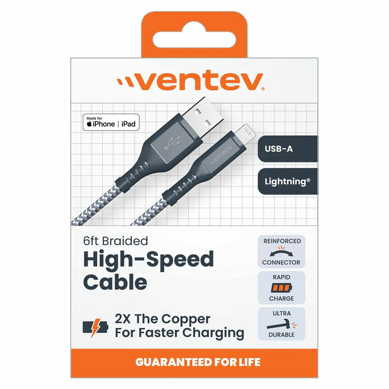 Ventev Fast Charging Braided Cable USB-A to Lightning (MFi certified) 6ft Gray
