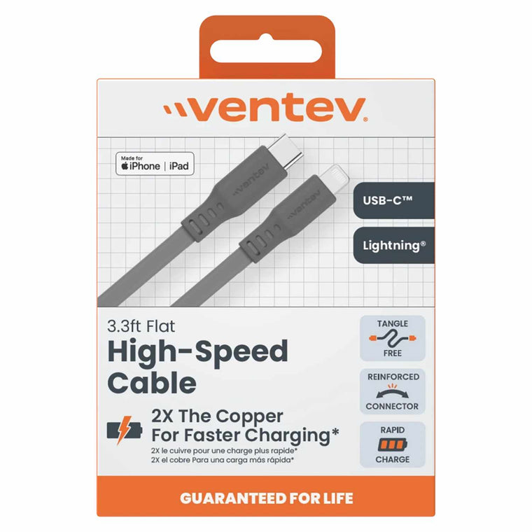 Ventev High Speed Flat Cable USB-A to Lightning (MFi certified) 3ft Grey