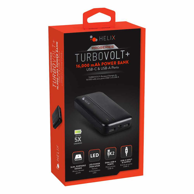 Helix/Retrak TurboVolt+ 16000 mAh Power Bank with USB-A and USB-C Ports Black