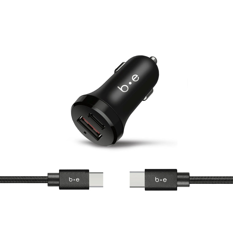 Blu Element Car Charger USB-C and USB-A QC 3.0 Power Delivery 20W with USB-C to USB-C Cable 4ft Black