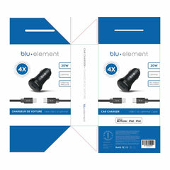 Blu Element Car Charger USB-C Power Delivery 20W with USB-C to Lightning 4ft Cable Black