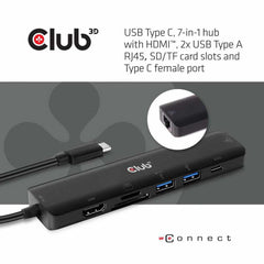 Club3D USB-C 7 in 1 Hub to HDMI 4K60HZ+SDTF Card Slot + 2X USB + USB-C PD + RJ45 Adapter Gray