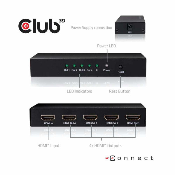Club3D HDMI 4K60HZ 2.0 UHD Splitter 4 Ports Adapter Black