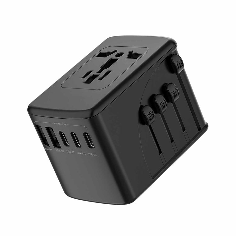 Bulk Packaging Universal International Travel Charger 2 USB-A & 3 Type C Ports 5.8A Output with Nylon Pouch Black