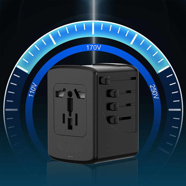 Bulk Packaging Universal International Travel Charger 2 USB-A & 3 Type C Ports 5.8A Output with Nylon Pouch Black