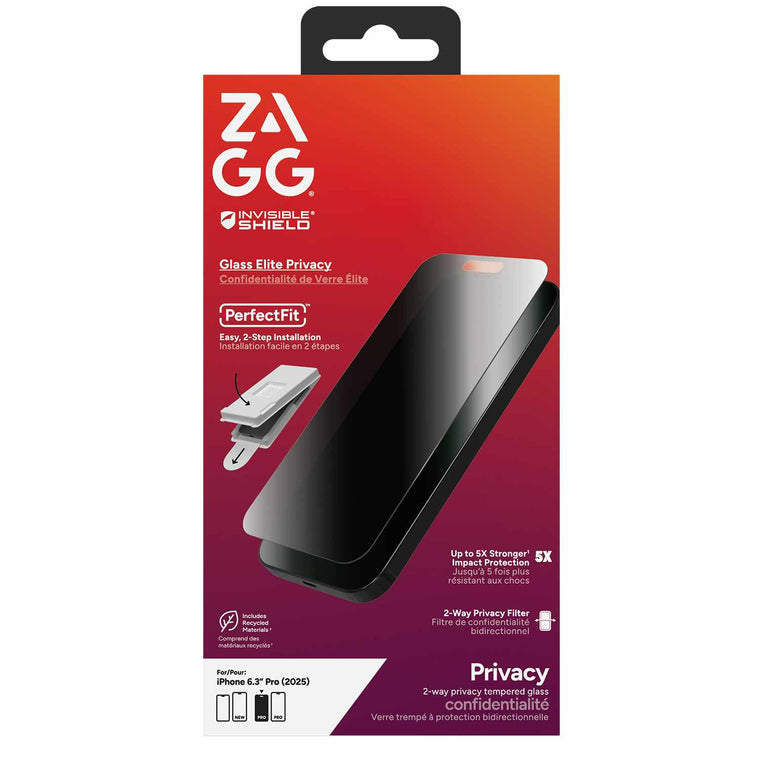 ZAGG InvisibleShield Glass Elite 2-Way Privacy Screen Protector for iPhone 17 Pro