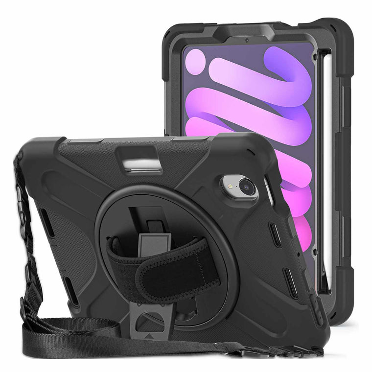 HYHDWMINI6SJPBKC Heavy Duty Case w/Kickstand/Built-in Screen Protector/Hand & Shoulder Strap iPad Mini 7/Mini 6 Black