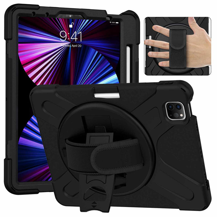 Bulk Packaging Heavy Duty Case w/Kickstand/Built-in Screen Protector/Hand & Shoulder Strap Black for iPad Pro 11 2022 (4th Gen)/2021/2020.2018/iPad Air 4th Gen