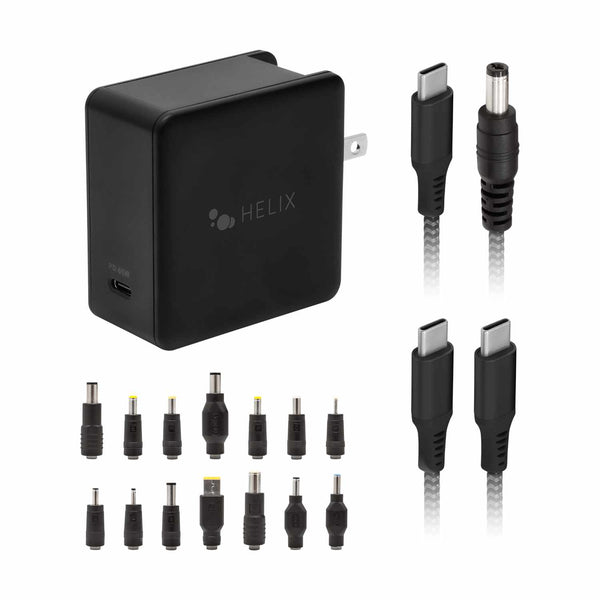 Helix/Retrak Apple/PC Laptop Charger 65W 14 Tips + 6 inch USB-C Cable Black